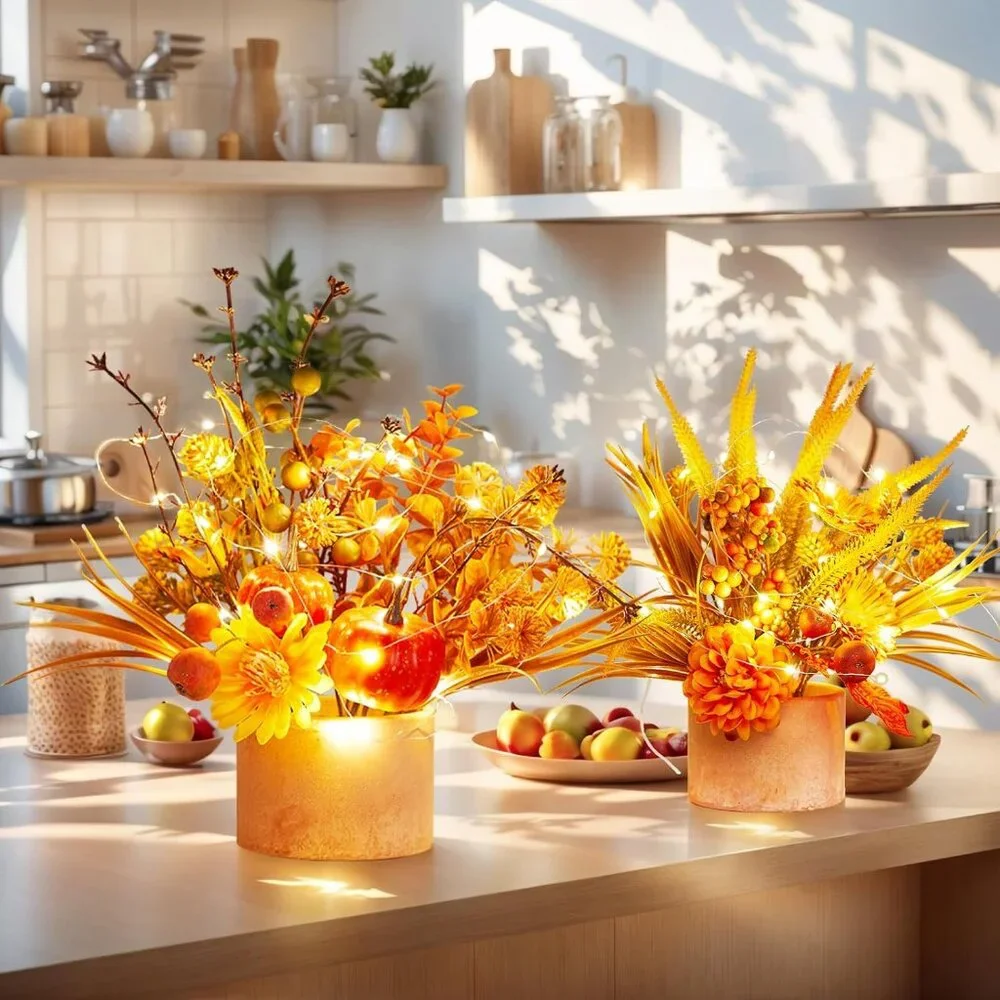 Vibrant Harvest Orange Artificial Table Flowers - 2-Pack Lighting Display